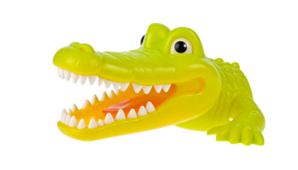 Yellow crocodile dentist toy with playful design and detailed teeth feature, isolated on a clean white background. 