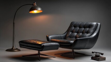 Modern black leather lounge chair with lamp high resolution photo