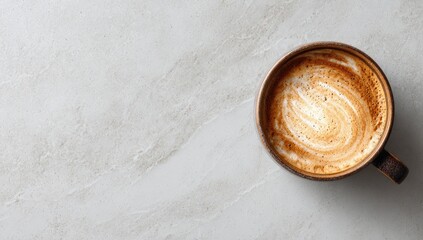 Top view of a latte art in a dark mug on a marble surface