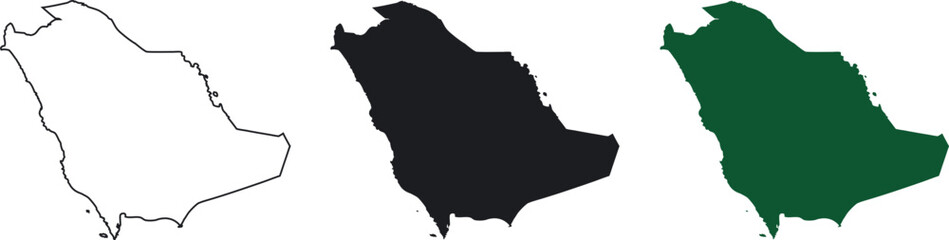 Saudi Arabia map silhouette vector set with outline, solid black, and green versions. Simple geographic shape design for education, travel, and national projects. Editable country map illustration.