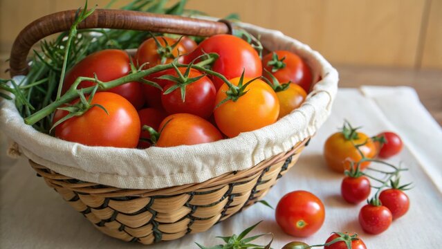 A wicker basket overflowing with freshly picked red and yellow tomatoes isolated on white background