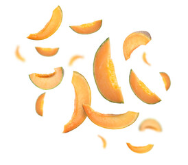 Cut fresh ripe melons swirling in air against white background
