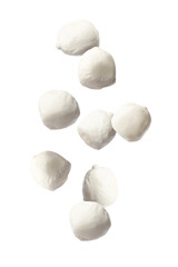 Mozzarella cheese balls falling on white background