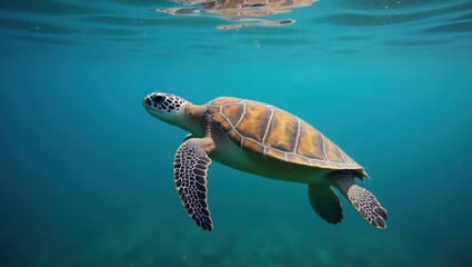 Fototapeta premium A captivating sea turtle glides gracefully through the vibrant turquoise depths, showcasing its intricate shell patterns and serene underwater posture.