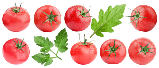 Fresh ripe tomatoes and green leaves isolated on white, set