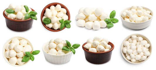 Mozzarella cheese balls with fresh basil leaves isolated on white, collage