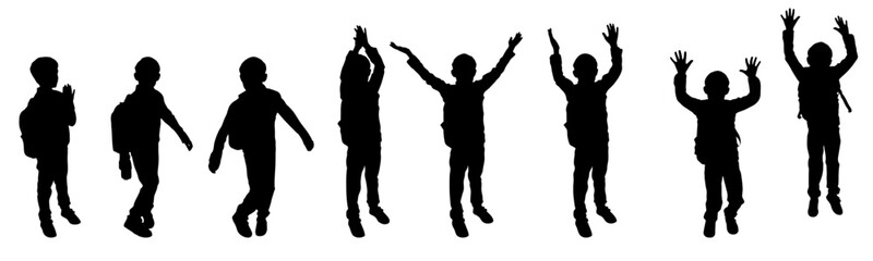 Silhouettes of active schoolboy walking, jumping and applauding. Set. Back to school. Vector illustration