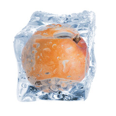 Ripe apricot fruit in ice cube isolated on white. Frozen food