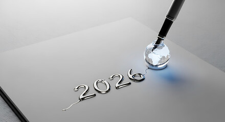 Silver 2026 numbers embossed on textured paper with a pen tip approaching for new year planning 2026 trend