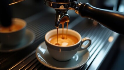 Espresso pouring into a delicate, light-gray mug, showcasing a rich, dark-brown liquid and a subtle crema pattern.