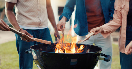 Hands, people and grill for bbq outdoor to start fire, new years party and social gathering....