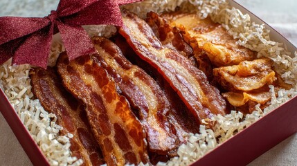 Gift box features crispy bacon strips and savory bacon bites, all tied with a ribbon