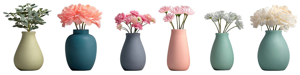 Colorful vases with assorted flowers