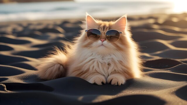 Adorable cat wearing stylish sunglasses relaxing on the beach, a cute summer holiday scene perfect for concepts of vacation, fun, relaxation, and lifestyle