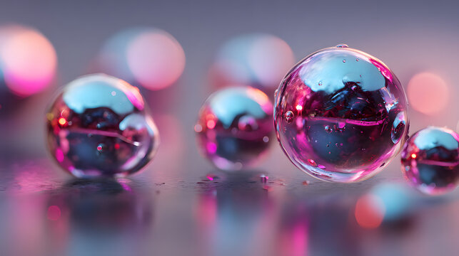 Floating metallic spheres with neon pink and blue glow in reflective chrome style with bokeh highlights on minimal background
