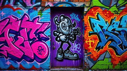 Obraz premium Vibrant graffiti art adorns urban wall with bold colors and cartoon character