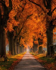 Fototapeta premium Autumn walk along a serene tree-lined pathway tranquil forest nature photography vibrant fall colors perspective of a peaceful journey