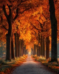 Fototapeta premium Autumn walk through a tree-lined pathway vibrant fall foliage nature scene peaceful environment captured perspective seasonal beauty