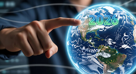 Futuristic human finger interacting with glowing digital earth data overlay 2026 trend