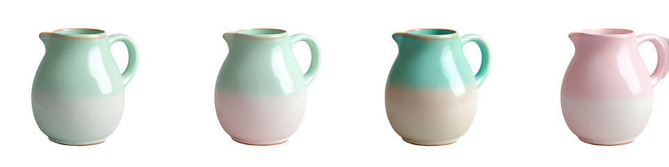 Four small, ceramic pitchers in pastel colors