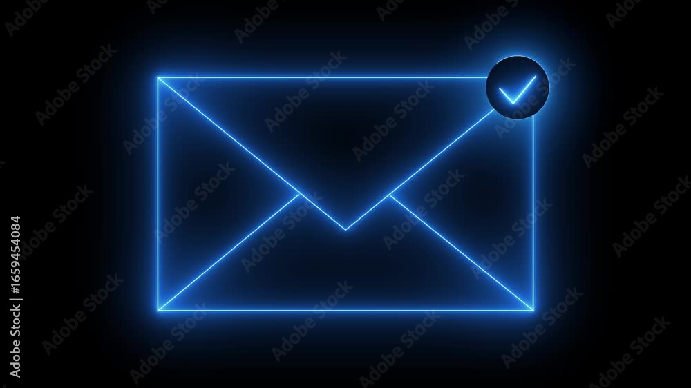 Poster glowing neon message icon animation. neon blue email icon with check sign indicates message status o