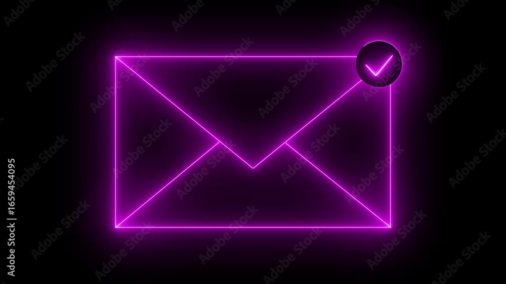 Poster glowing neon message icon animation. neon pink email icon with check sign indicates message status o