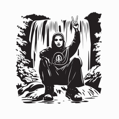 Muslim Woman in Pants Peace Sign in Front of Waterfall Silhouette Vector
