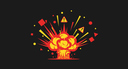Cartoon explosion with warning signs and geometric shapes in red and yellow.