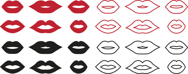 Red and black Lips icons set in flat and line styles. Collection and group of mouth, kiss, smile, sensual lips, beauty, fashion, and cosmetic symbols. Vector illustration for makeup and love design.