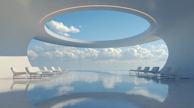 Contemporary circular structure, open ceiling with sky view, minimal interior setup, sleek futuristic design, calm ambiance, 3D render