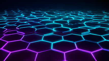 Glowing neon hexagon grid with cyan and violet highlights in a futuristic tech pattern with depth and minimal design