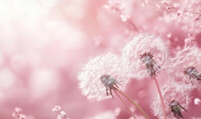 Dandelion fluff background with blush pink tones, adding a soft, light aesthetic for a minimalist style, offering a tranquil and beautiful nature-inspired backdrop, Generative AI