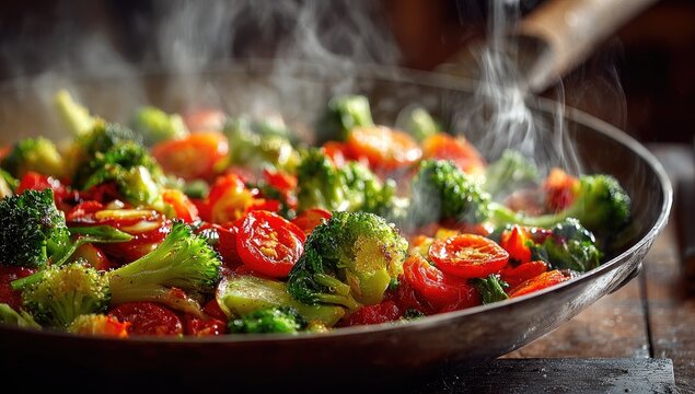 Steaming pan of mixed vegetables