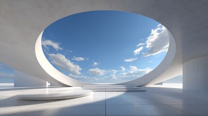 Elegant circular architecture, open sky at center, minimal clean surfaces, bright natural light, futuristic modern design, 3D render