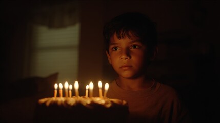 A boy gazes at a birthday cake with lit candles, deep in thought during the quiet party
