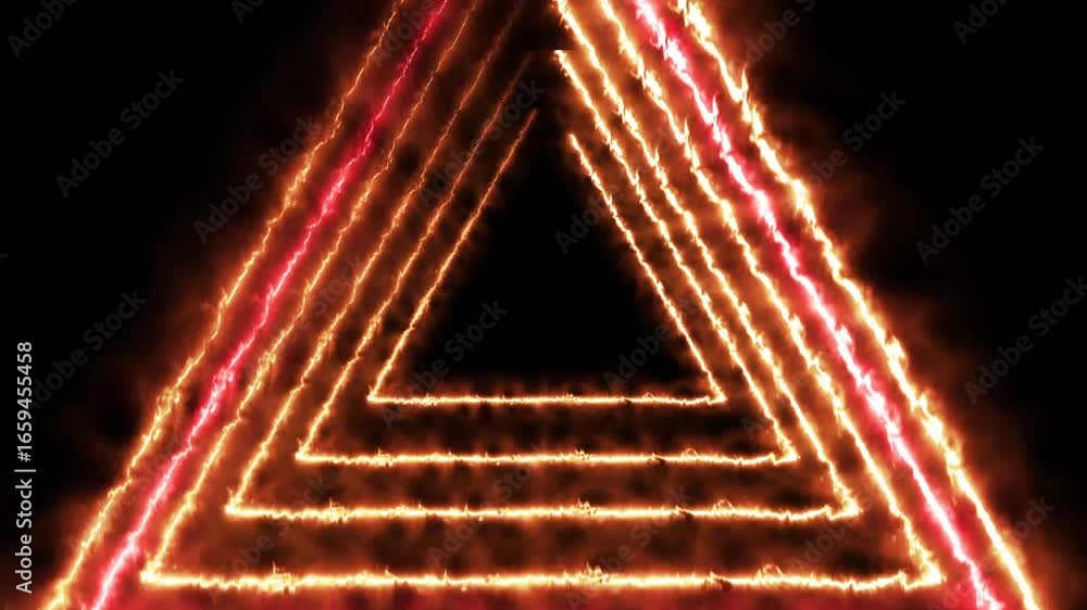 Poster abstract background with flying into tunnel from shapes of fire. triangles of fire tunnel vj loop mo
