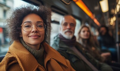 Diverse group of individuals commuting in a public transport setting, capturing the essence of everyday urban life and the shared experience of public transportation, Generative AI