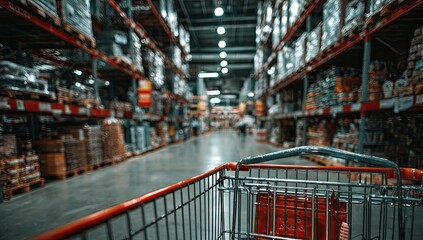 Fototapeta premium Inside a large warehouse store. Shopping cart in the aisle