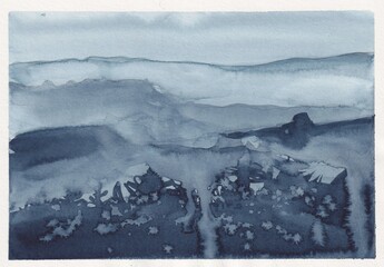 Winter Mountain Night Watercolor Landscape. Indigo Monochrome Mountain Scene. Misty Mountains in Winter Night Painting. Dark Blue Watercolor Mountain Horizon Illustration. Winter Mystic Night Mountain