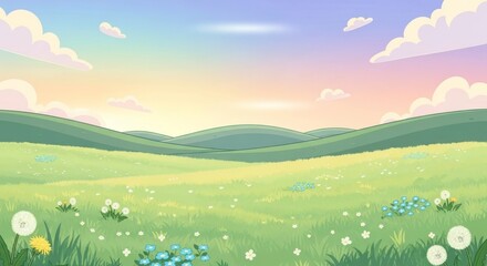 Pastel Meadow Landscape: Cartoon Style Rolling Hills