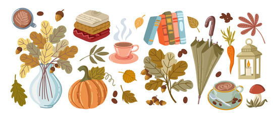 Cozy fall set Including a bouquet of autumn leaves, a cup of coffee and tea, a books, a pumpkin and more. Vector illustration of cute flat icons for autumn design.