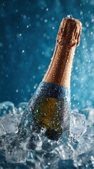 Sparkling wine rests in crushed ice, glistening with droplets in a cool blue environment