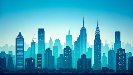 Obraz premium Vibrant blue cityscape silhouette under a hazy sky