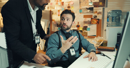 Computer, conversation and night with detective people in office together for crime investigation....