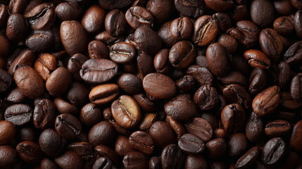 Obraz premium Close-up macro of roasted coffee beans with rich texture and deep brown tones, ideal for coffee culture, caffeine concepts, food backgrounds, and aroma themes.
