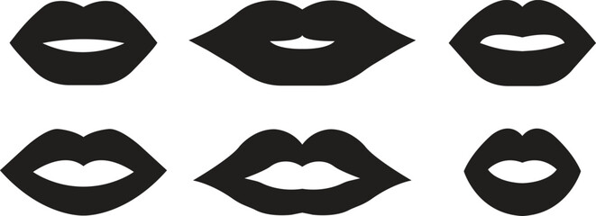 Black Lips icons set in flat styles. Collection and group of mouth, kiss, smile, sensual lips, beauty, fashion, and cosmetic symbols. Vector illustration for makeup and love design.