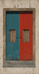 Aged double door, teal and red, wooden panels, small windows