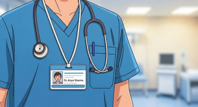 Healthcare Professional Portrait: Doctor in Scrubs with ID Badge