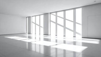 Fototapeta premium Sunlit minimalist room with large windows and reflective floor