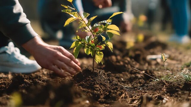 Volunteer hands planting sapling into soil helping tree grow strong roots. Community gathers around to protect environment. Green leaves symbol earth care. Hands covered with soil nurture tree life.